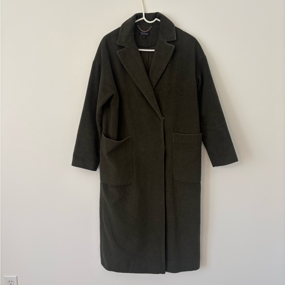 Topshop Khaki Green Longline Brushed Wool Blend Chuck On Coat Patch Pockets 6 - Picture 2 of 13